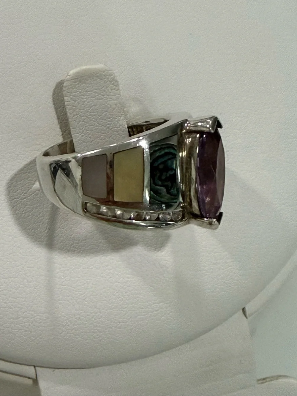 Sterling Silver Ring with Marquise Amethyst and white topaz gemstones on sides